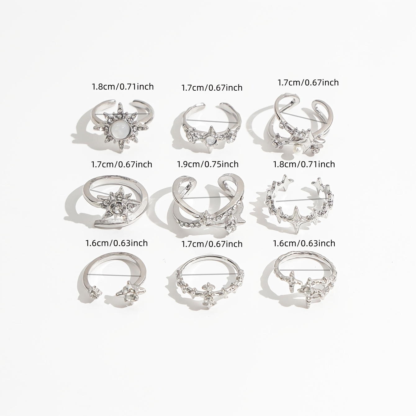 9pcs Alloy Rhinestone Inlaid Stacking Ring Set